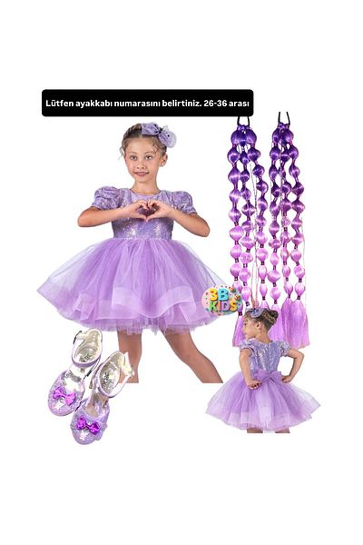 3b kids Purple Sequined Evening Dress Wedding Dress Fluffy Dress Costume Purple Bubble Hair Purple Heels Shoes Set Wedding