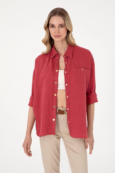 U.S. Polo Assn. Women's Cherry Long Sleeve Linen Tunic Shirt 50305939-Vr223
