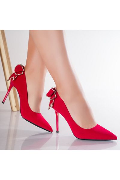 MODA STİL Women's Red Heeled Shoes Made of Valiri Eco-Suede Leather, 38