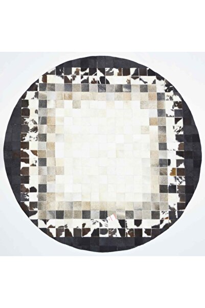 Handmade Siyah ve Beyaz Renk Ombre Geçişli Renk Yuvarlak Deri Patchwork Halı ...