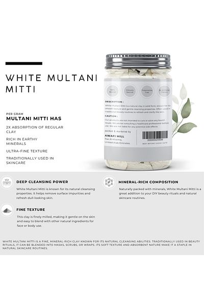 AWAFI MILL White Multani Mitti | Natural Fuller’s Earth Clay Stones - (Bottle of 100 gram / 3.5 Oz)