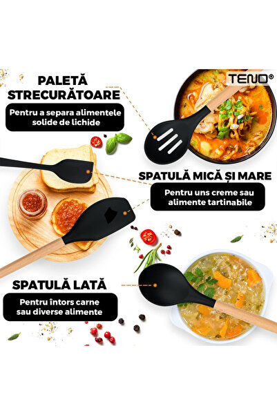Teno Set Ustensile Bucatarie 12 Piese Silicon Alimentar Teno®, termorezistente, suport inclus, negru