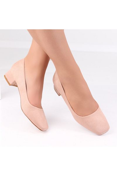 MODA STİL Women's Beige Heeled Shoes Made of Delmi Eco-Suede Leather, 35