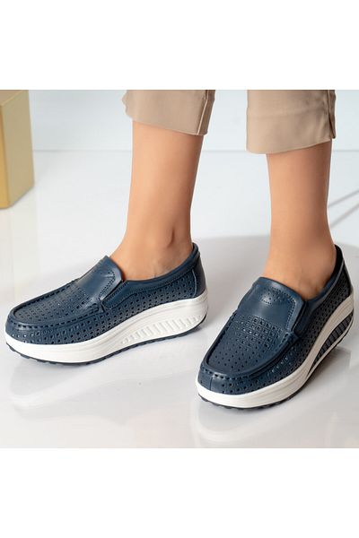 MODA STİL Women's casual shoes navy blue natural leather flowers, 41