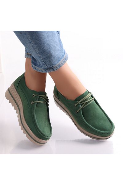 MODA STİL Women's Green Platform Shoes Made of Calvi Genuine Suede Leather, 41