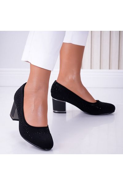 MODA STİL Women's Black Heeled Shoes Made of Eco-Suede Leather and Rhinestones Isra, 39