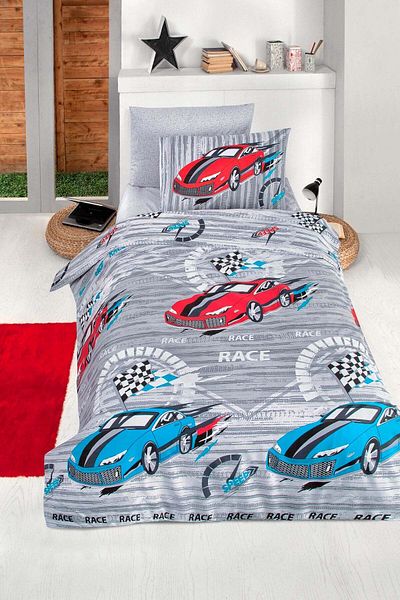 DemoHome TURBO JUNIOR grey satin cotton single bed linen set - fitted sheet, bed, pillowcase