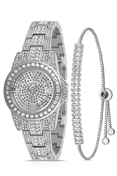 Polo Air Çift Klips Lüx Taşlı Kadın Kol Saati Zirkon Taşlı Baget Bileklik Kom...