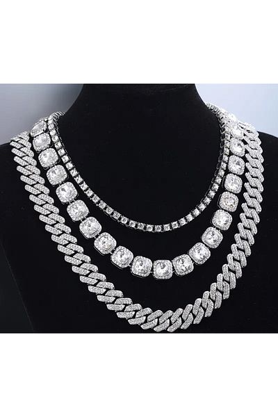 La Saade Hip hop punk style triple silver color cuban chain chain necklace