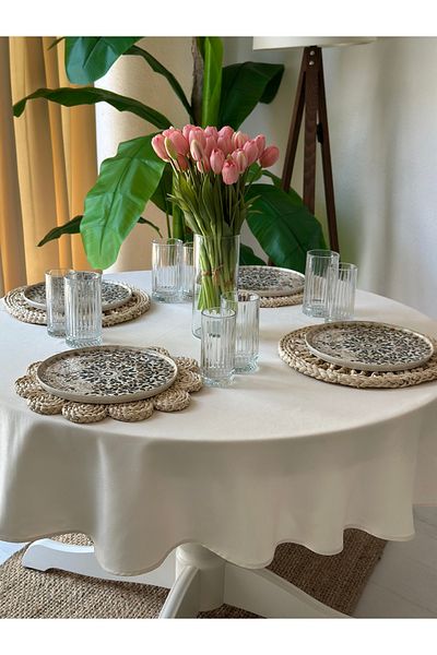 Decamor home Velvet Textured Worry-Free Stain-Proof Ecru Round Table Cloth