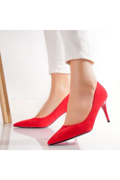 MODA STİL Women's Red Heeled Shoes Made of Velu Eco-Suede Leather, 37