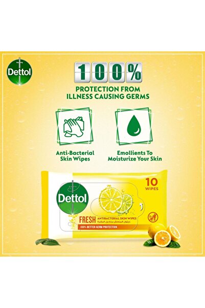 Dettol Fresh Antibacterial Skin Wipes 5 x 10pcs On-the-Go Germ Protection with Refreshing Citrus