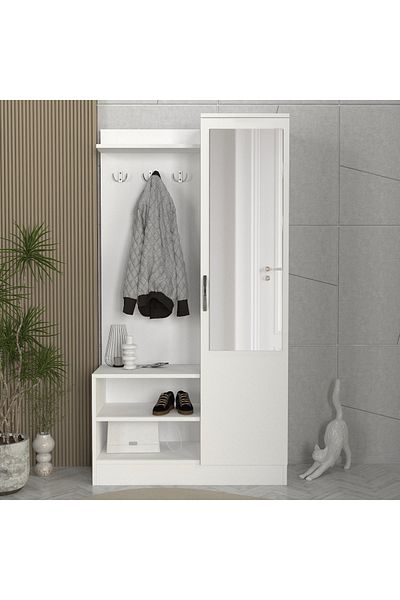 UnicUtil Multifunctional Hanger With Mirror And Shoe Rack, White Harmony, , 90 X 36.8 X 170 Cm, White