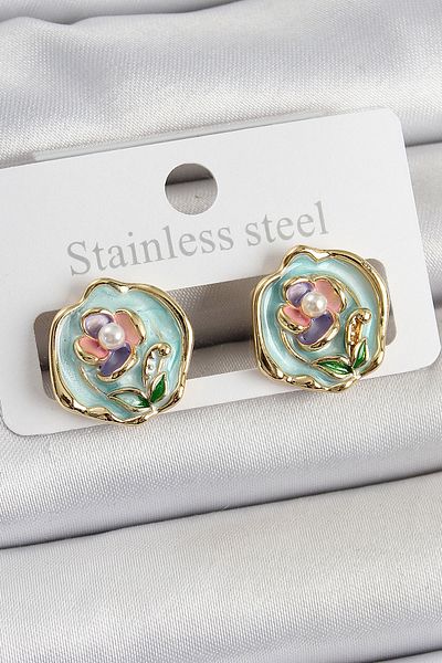STİLLOVE Brass Green Enamel Flower Figured Artistic Portrait Model Gold Color Women's Earrings Sl12221