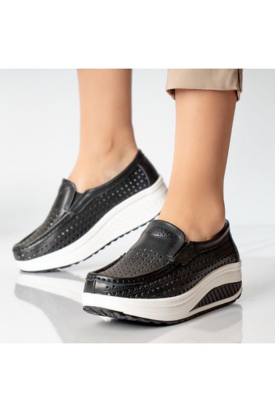 MODA STİL Women's casual shoes, black, natural leather, flowers, 37