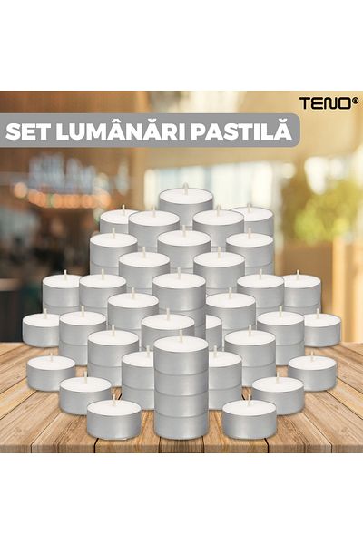 Teno Set 100 Lumanari Tip Pastila Teno®, din ceara, inodore, timp de ardere 3 ore, 3.6 x 0.8 cm, alb