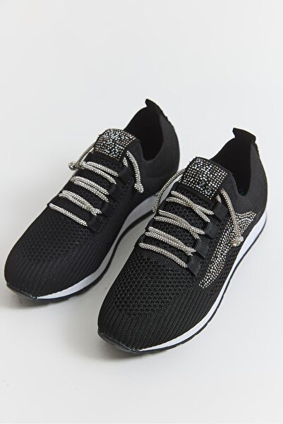Raneel Kazançlı Alışveriş Stone Lace-Up Knitwear Women's Sports Shoes Black