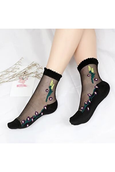delis Women's socks, SS0177, flower pattern, Black, one size fits all
