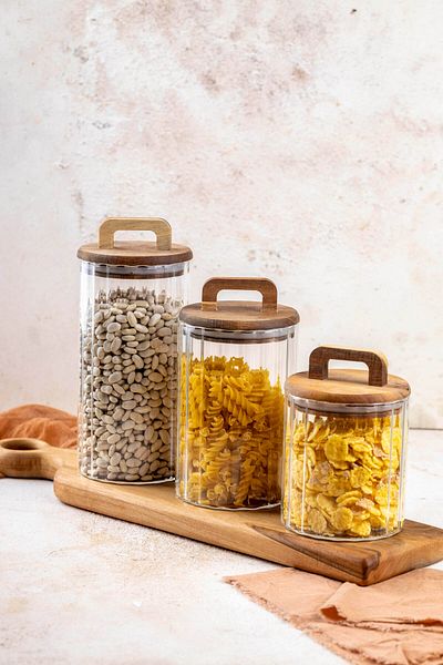 FH finehome Firenza Striped Acacia Storage Container with Handle 650ml