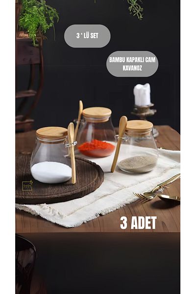 Leila 3-Piece Glass Storage Container with Bamboo Spoon-Sugar Bowl, Vacuum Lid Pulses Ration Glass Jar Set 1050 ml