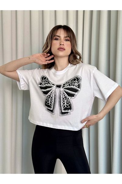 TB Terzi Bey Oversize White Printed Crop T-Shirt
