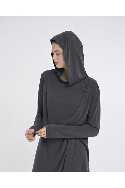 Monolou Hooded Front Long Asymmetric Modal Summer Top Gray