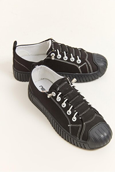 Raneel Kazançlı Alışveriş High Sole Linen Lace-Up Shoes Black