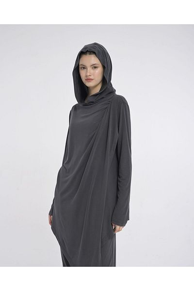 Monolou Hooded Front Long Asymmetric Modal Summer Top Gray