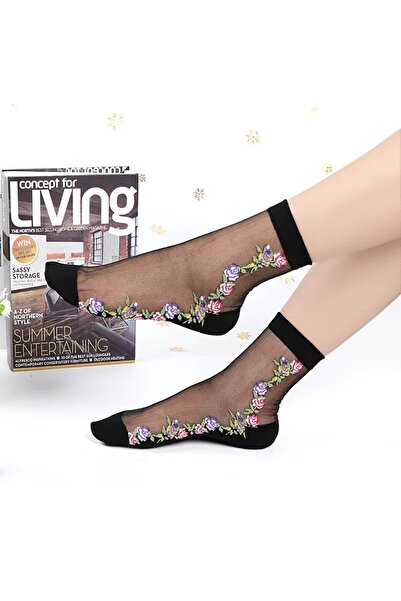 delis Women's socks, SS0171, flower pattern, Black, one size fits all