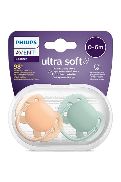 Philips Suzete Ultra Soft SCF091/03 pentru 0-6 luni Verde/Portocaliu, 2 bucăți, Philips Avent