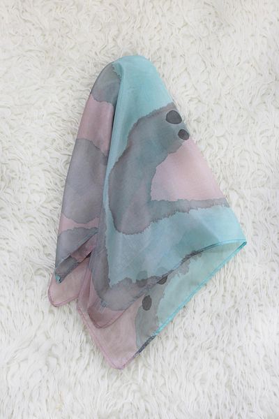 Defne&Apollon İpekçilik 100% Pure Silk Hand Painting Square Kerchief - 55 X 55 Design - Pink-Blue