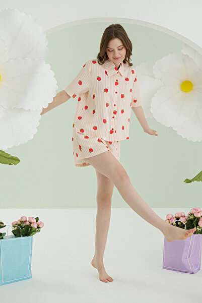 NBB Turuncu Çilekli Şortlu Önden Düğmeli Pijama Takımı