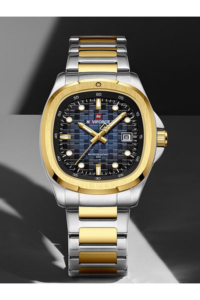 Naviforce Square Unique temperament Silver Gold bracelet strap with Blue dial Analog Watch - For Men