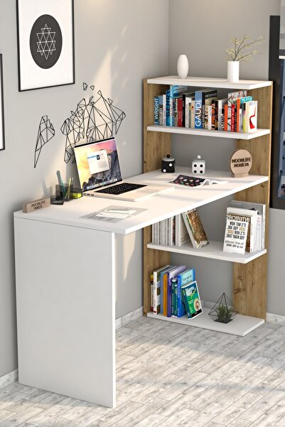 Moonlife Mobilya Çınar Kitaplıklı Çalışma Masası Beyaz Çam