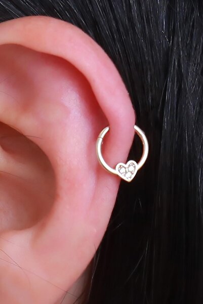 Bayar Gold 14 Ayar Altın Taşlı Kalp Halka Tragus Piercing