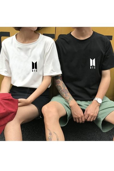 Gollinger Tricou cu gât rotund imprimat cu logo BTS din 2 piese - Tricou cu tematică BTS Negru Alb