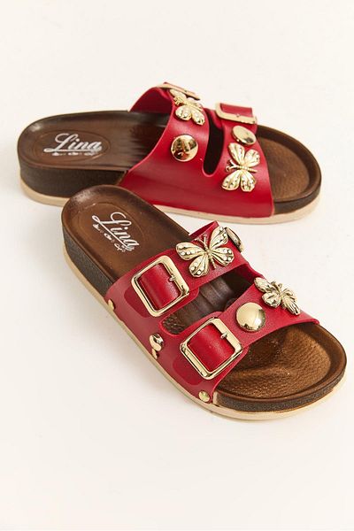 Raneel Kazançlı Alışveriş Double Band Stylish Sole Slippers with Accessories Red