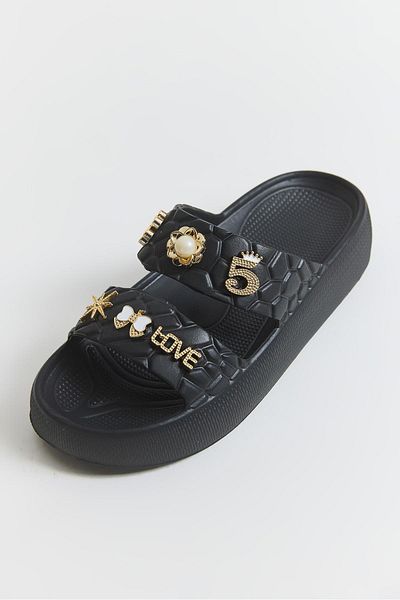 Raneel Kazançlı Alışveriş Double Band High Sole Slippers with Accessories Black