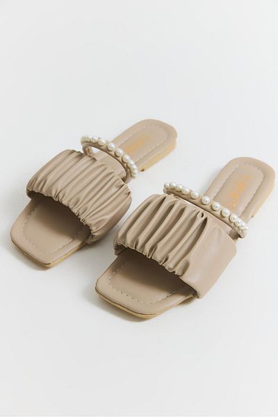 Raneel Kazançlı Alışveriş Stylish Slippers with Pearl Stone and Drawstring Detail Mink