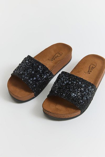 Raneel Kazançlı Alışveriş Thick Tape Stone Detailed Women's Slippers Black