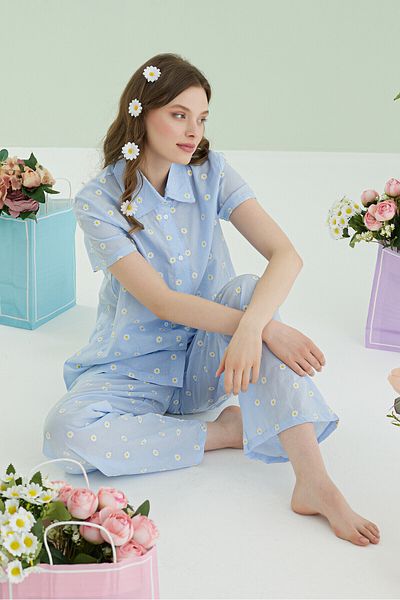 NBB Blue Daisy Front Buttoned Pajama Set