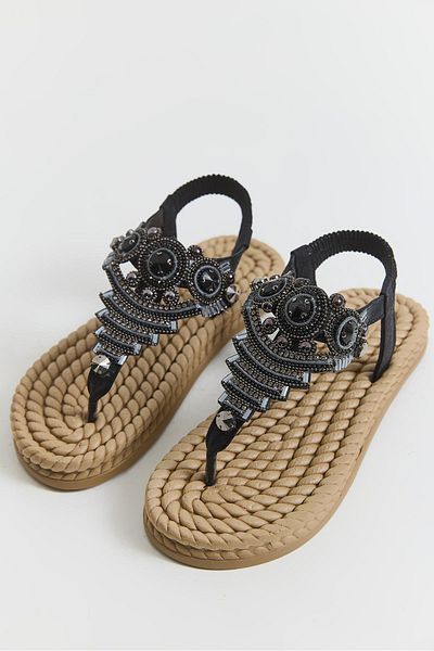 Raneel Kazançlı Alışveriş Straw Sole Pearl Stone Flip Flops Black