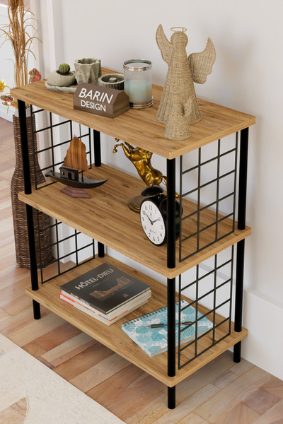 BARIN DESIGN 3 Katlı Çevir Kur Dekoratif Salon Rafı Tel Yan Panelli Açık Kitaplık, Biblo ve Aksesuar Düzenleyici