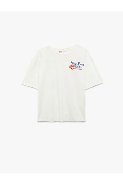 Koton Cotton Short Sleeve Crew Neck Fruit Printed on the Back Loose Fit T-Shirt