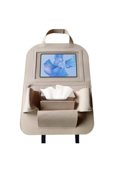 Glanz Araç Koltuk Arkası Organizer Bej Oto Tablet Telefon Tutucu Araba İçi Düzenleyici