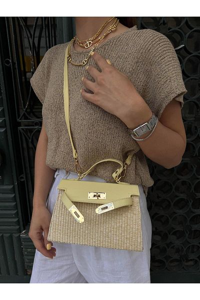 Tina İstanbul Geantă din paie cu capac și accesorii pentru centură Galben