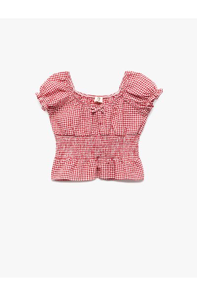 Koton Gipeli Short Sleeve Boat Neck Ruffle Detail Gingham Crop Poplin Blouse