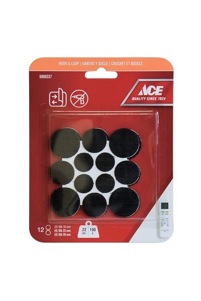 ACE Hook & Loop Mounting Dots (12 Pairs, Black)