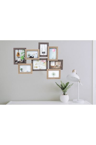 NO NAME Vintage wooden collage frame for wall or desk, on 2 levels with 8 frames, 63x47 cm