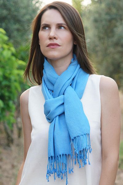 Defne&Apollon İpekçilik 100% Peace Silk Hand Woven Scarf 45 X 200 cm - Blue
